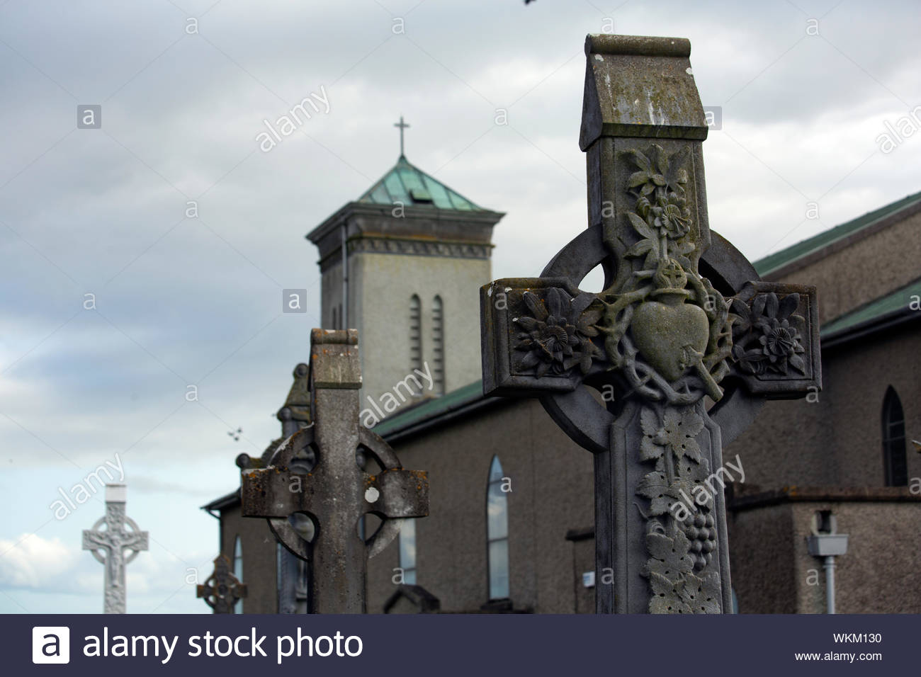 Stone celtic crosses in an Irish graveyard Stock Photo