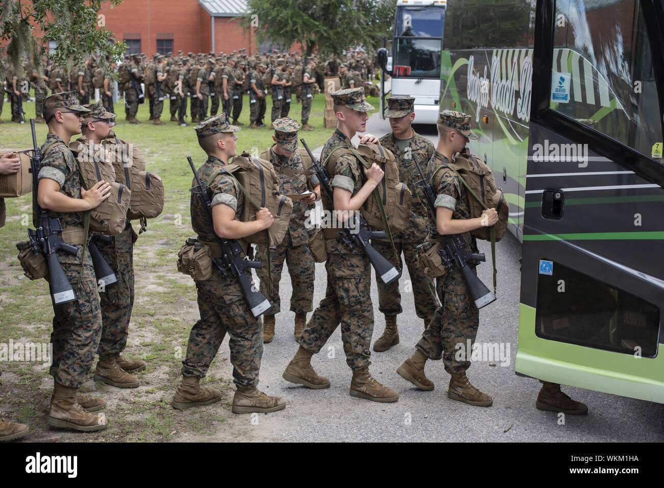 Marine Corps Recruit Depot Parris Island started the evacuation of recruits to Marine Corps Logistics Base Albany, Ga, September 3, 2019. Sept. 3 The decision to evacuate is due to Hurricane Dorian and the expected impacts of destructive weather in the region. () Stock Photo