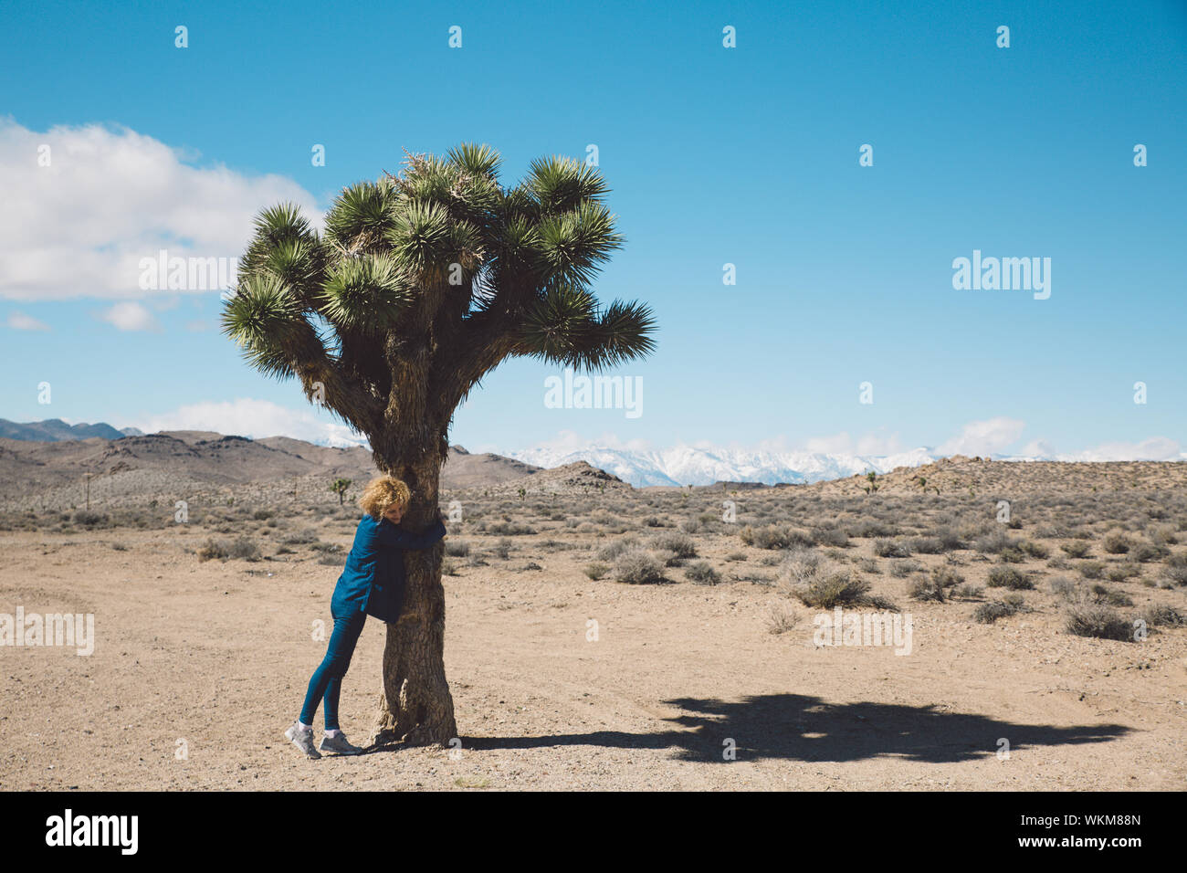 Full Length Of Woman Hugging Tree At Death Valley National Park Against Sky Stock Photo