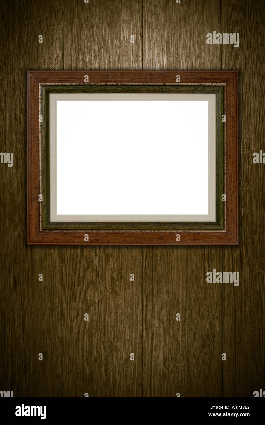 Old picture frame on vintage wood wall Stock Photo - Alamy