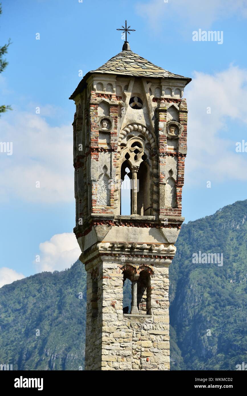 Gothic tower of the church St. Maria Magdalena, Santa Maria Maddalena, Ossuccio, Lago di Como, Lombardy, Italy Stock Photo