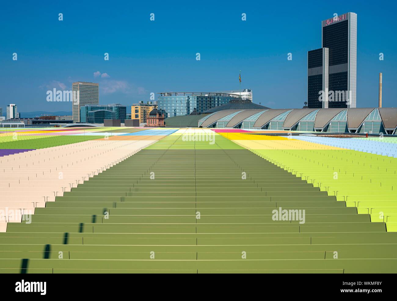 Colourful roof of the Skyline Plaza, view of the skyline in the European Quarter, Frankfurt, Hesse, Germany Stock Photo