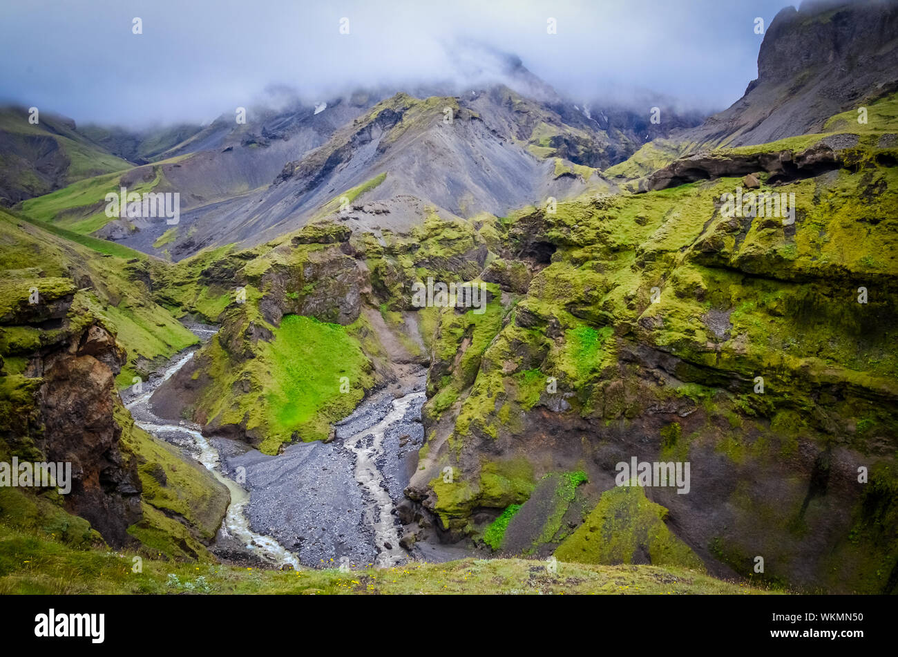 Landscape view of Thorsmork mountains canyon and river, near Skogar, Iceland Stock Photo