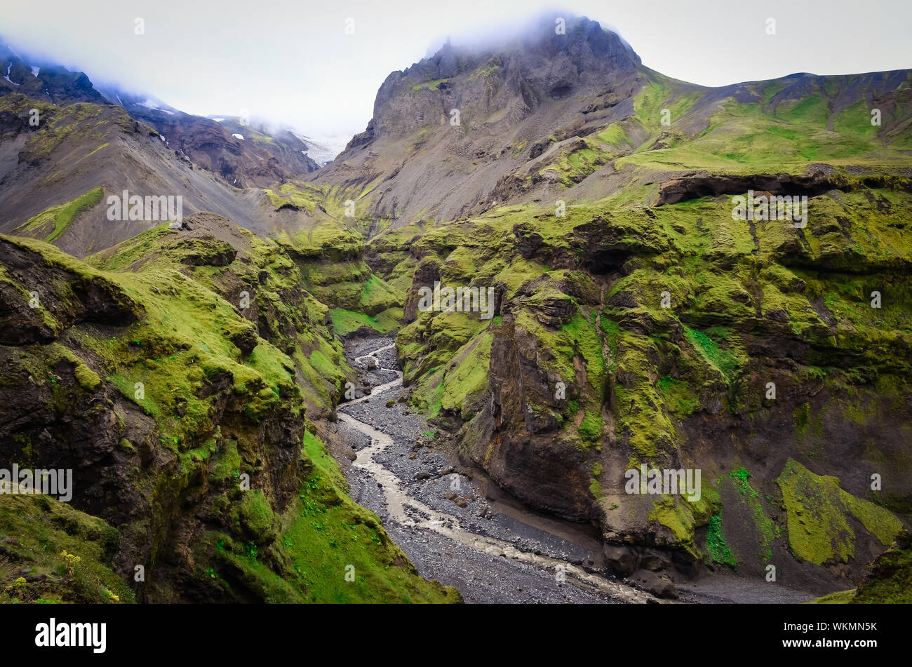 Landscape view of Thorsmork mountains canyon and river, near Skogar, Iceland Stock Photo