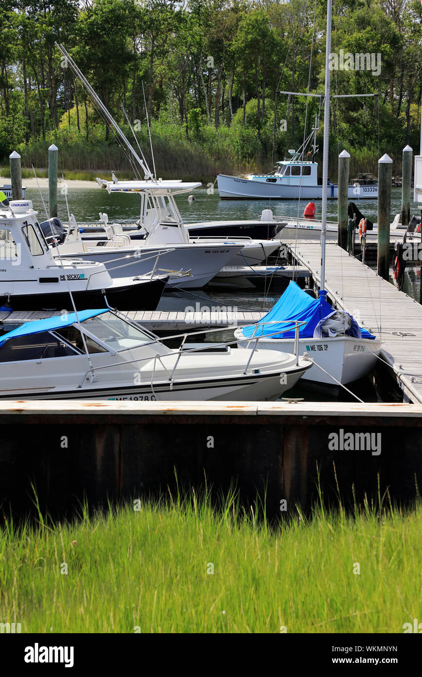 Recreational boats docking in the marina along Kennebunk River
