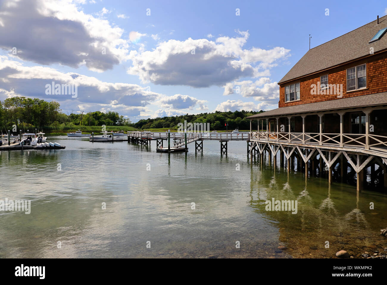 Recreational boats docking in the marina along Kennebunk River.Kennebunkport.Maine.USA Stock Photo