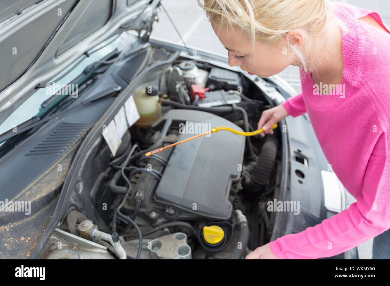Woman inspecting broken car engine Stock Photo Alamy