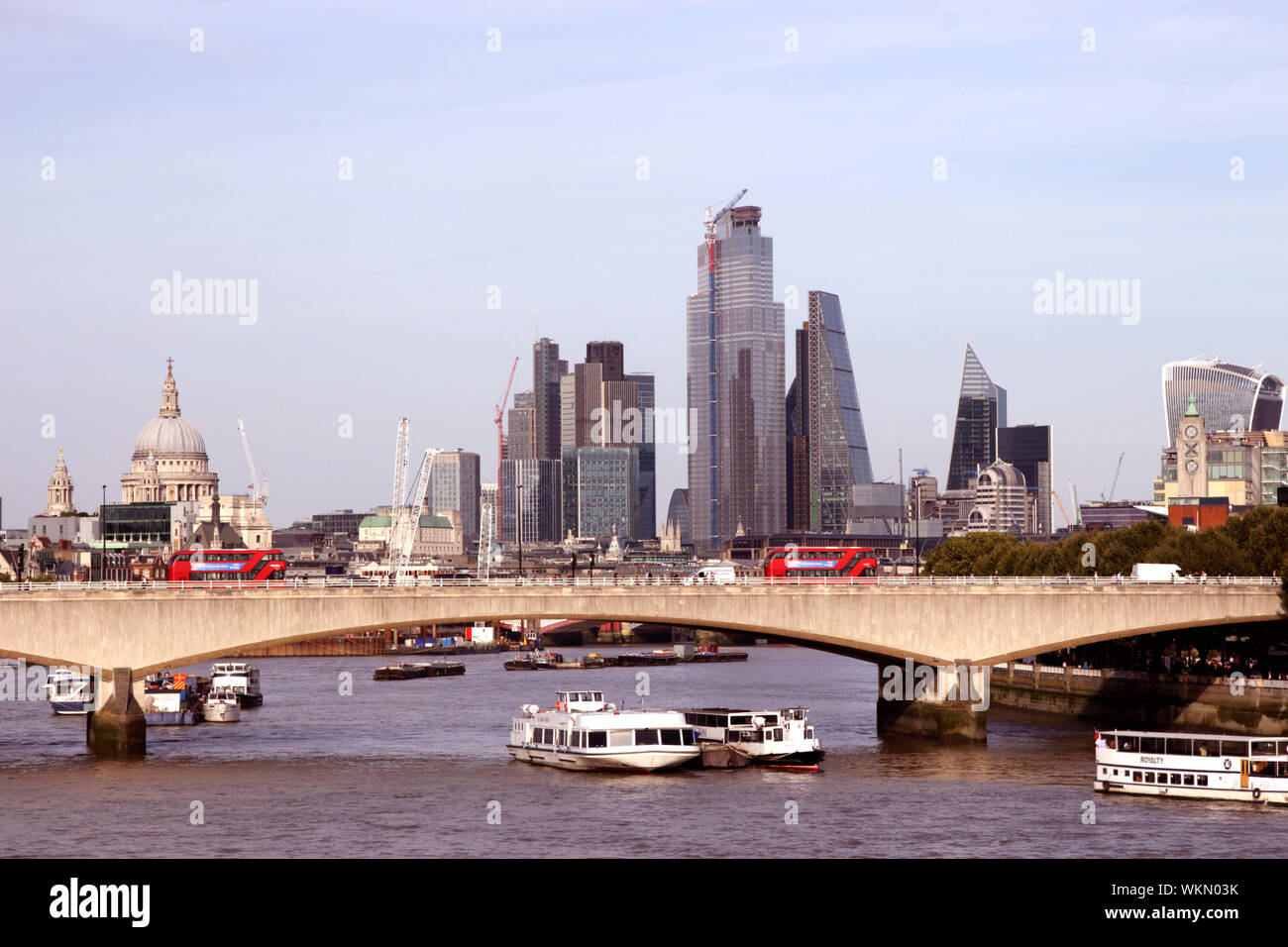 Waterloo Bridge and London Financial District Skyline August 2019 Stock Photo