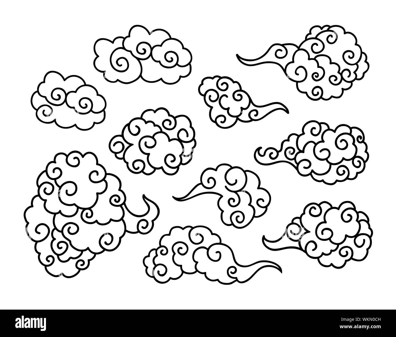 Black Clouds and wind blows hand drawn vector illustration. Smoke isolated clipart. Chinese art abstract drawing. Sketch clouds, overcloud set. Isolated design elements for SVG laser cutting files Stock Vector