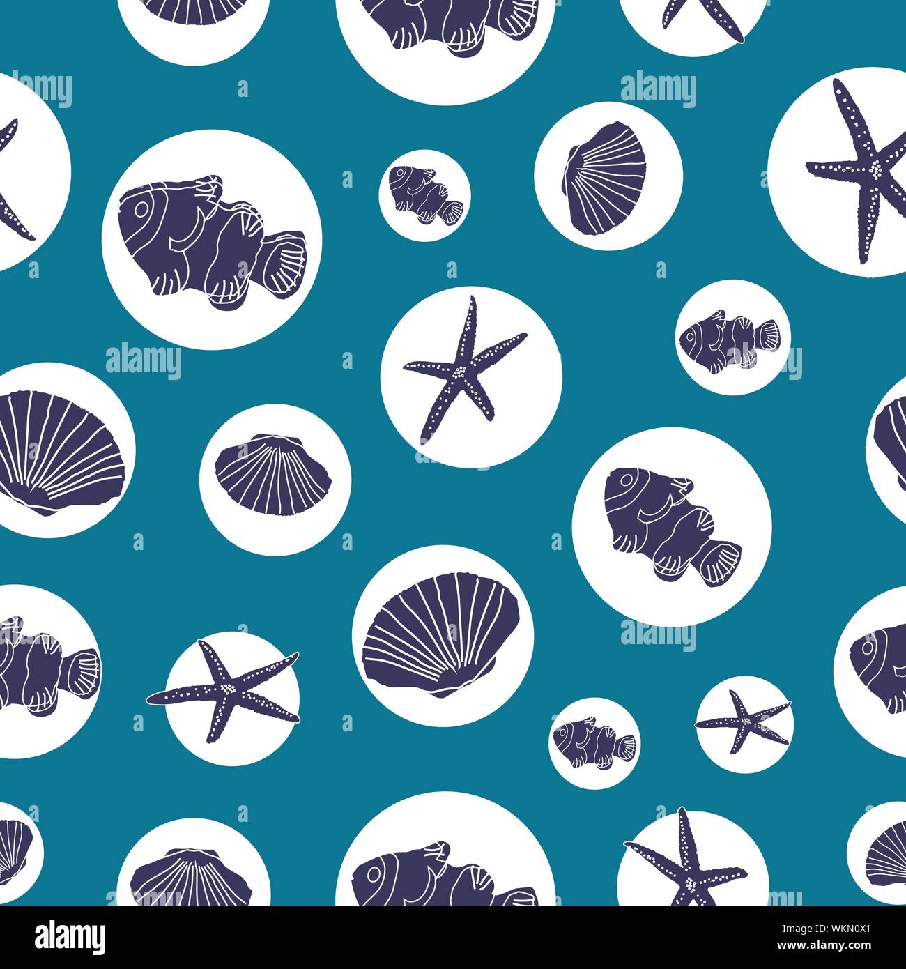 Hand drawn sea life in white circles on an ocean blue background ...