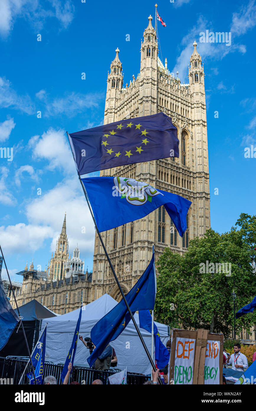 European flags flying as Parliament resumed after summer recess with new Prime Minister Boris Johnson debating No Deal Brexit and prorogue Stock Photo