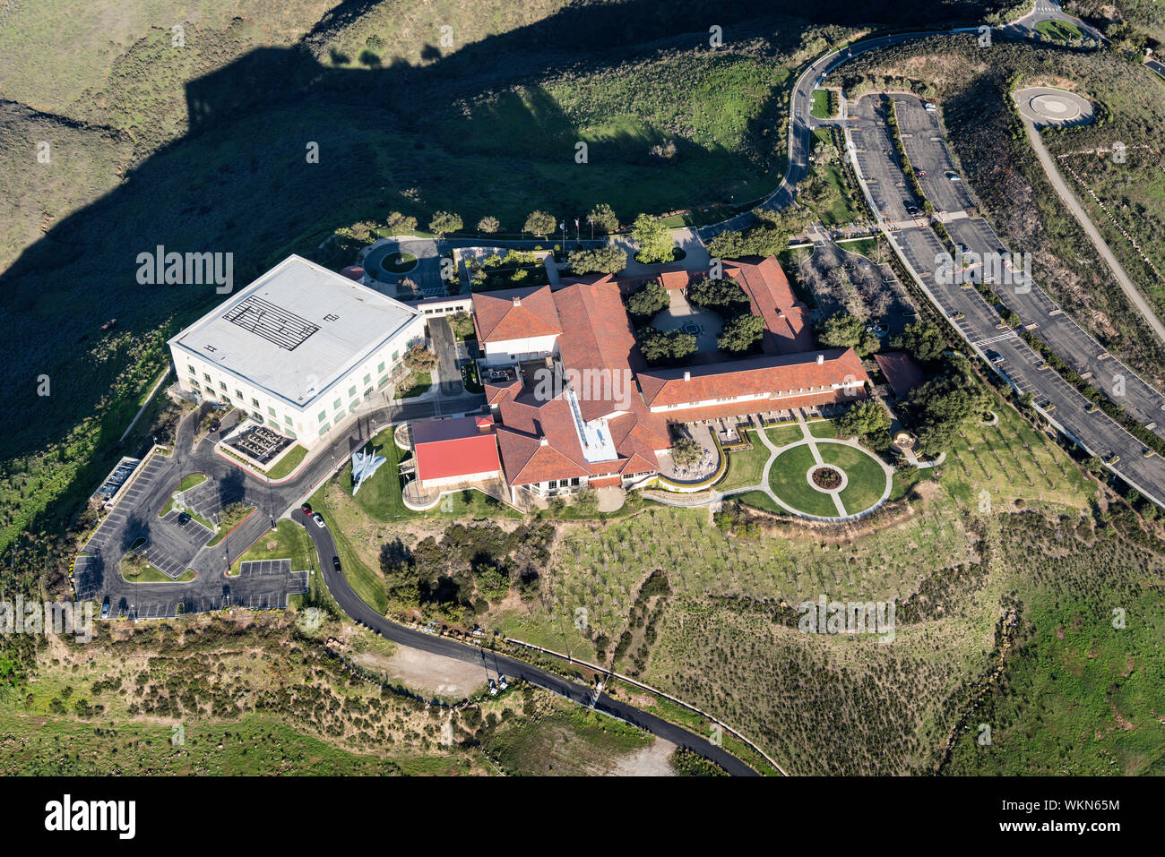 Simi Valley, California, USA - March 26, 2018:  Aerial view of Ronald Reagan Presidential Library and Center for Public Affairs near Los Angele in Ven Stock Photo