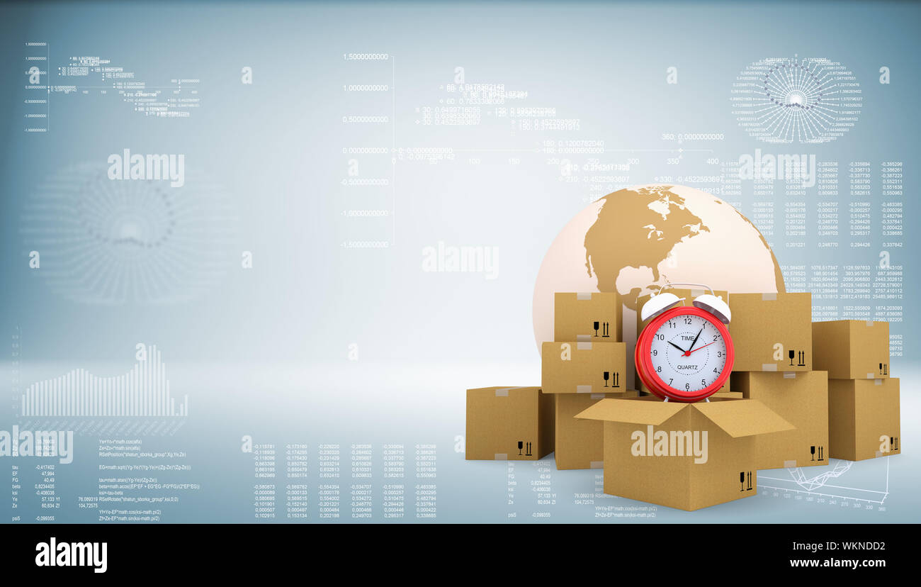 Earth with alarm clock, cardboard boxes. Graphs and texts as backdrop Stock Photo