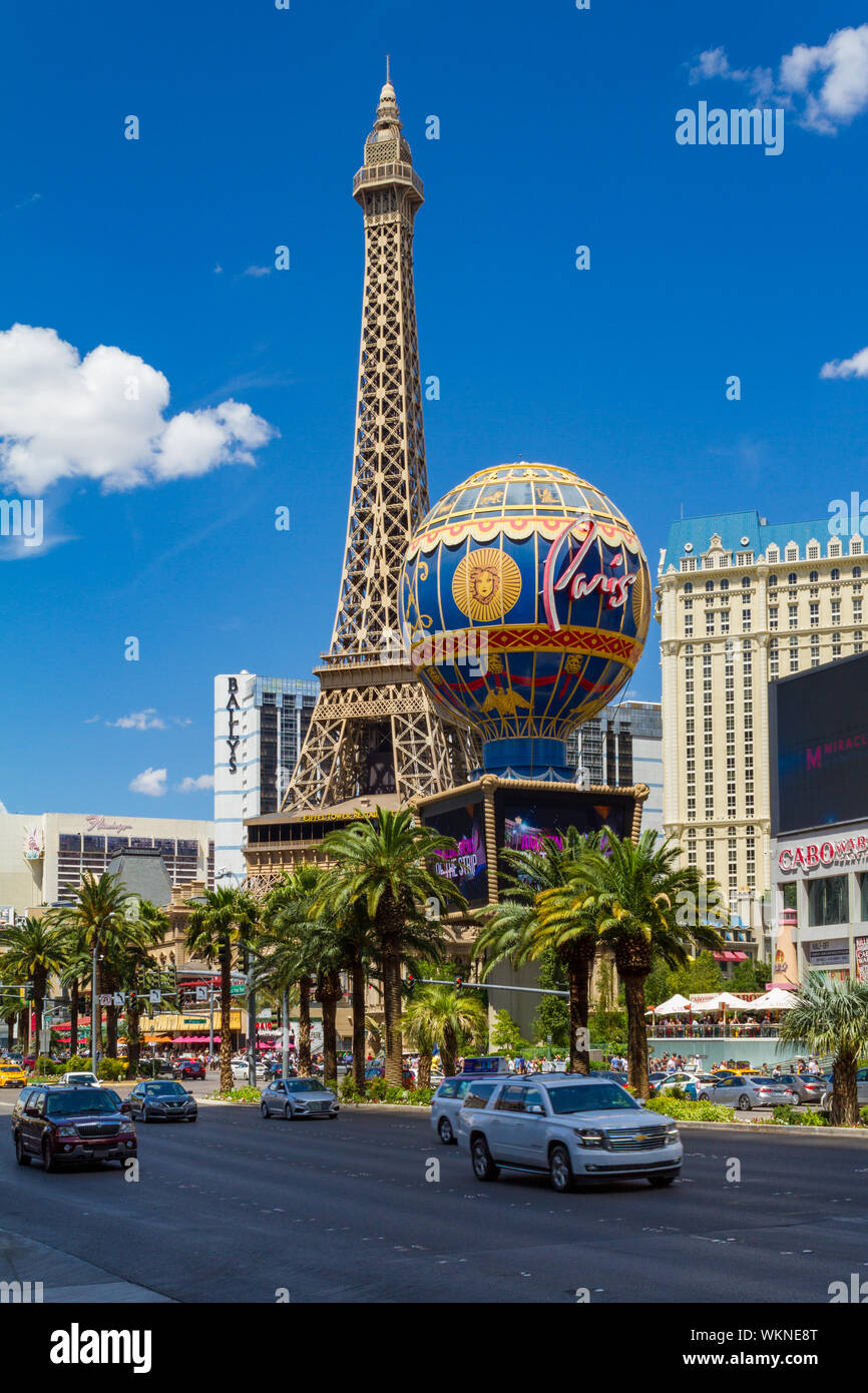 Las Vegas, NV / USA – May 11, 2019: The Paris Las Vegas Hotel and Casino with a replica of the Eiffel Tower is located at 3655 S Las Vegas Blvd, Las V Stock Photo