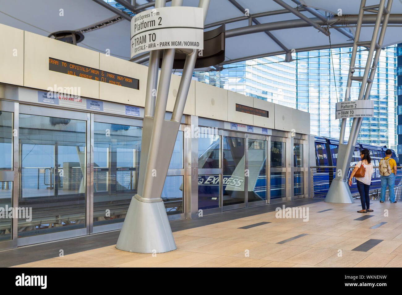 Las Vegas, NV / USA – May 11, 2019: The Aria Express tram offers free service between Park MGM, Aria, and Bellagio hotels on the Las Vegas Strip. Stock Photo