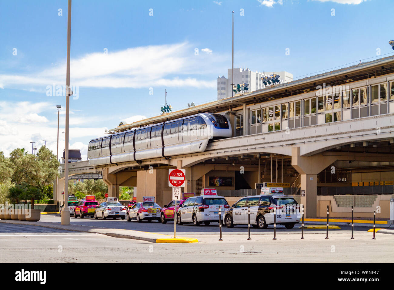 Las Vegas, NV / USA – May 11, 2019: Monorail station and a line of waiting taxis cabs at the  rear of the MGM Grand Hotel in Las Vegas, Nevada. Stock Photo