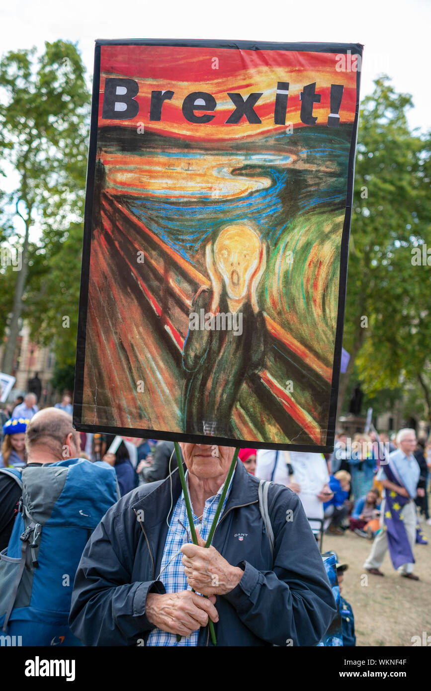 Brexit placard The Scream as Parliament resumed after summer recess with new Prime Minister Boris Johnson debating No Deal Brexit and prorogue Stock Photo