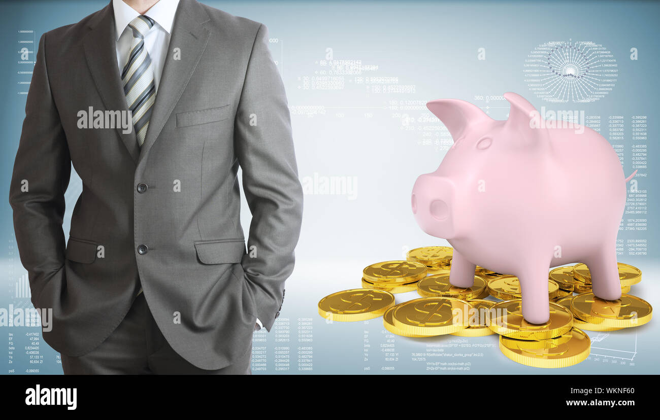 Businessman with piggy bank and gold coins. Graphs and texts as backdrop Stock Photo - Alamy
