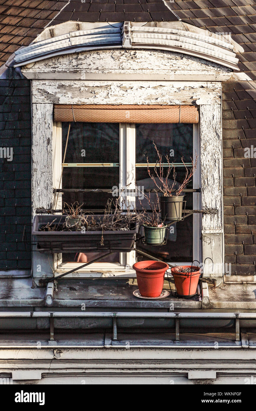 French locations: Dormer window on Paris rooftop Stock Photo