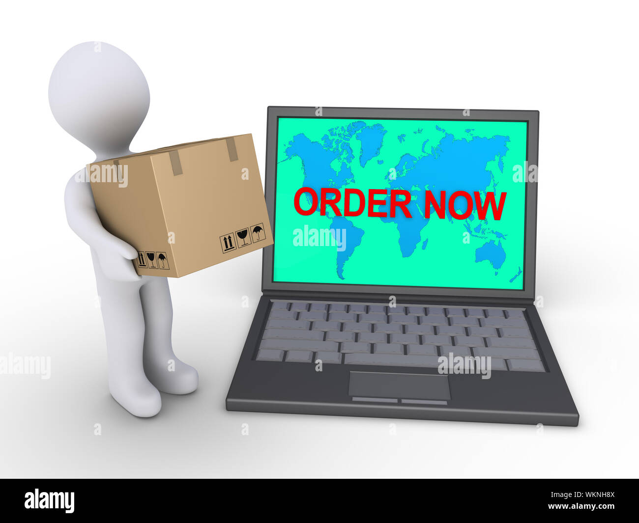 Person with a cardboard box is next to a laptop with the world map ...