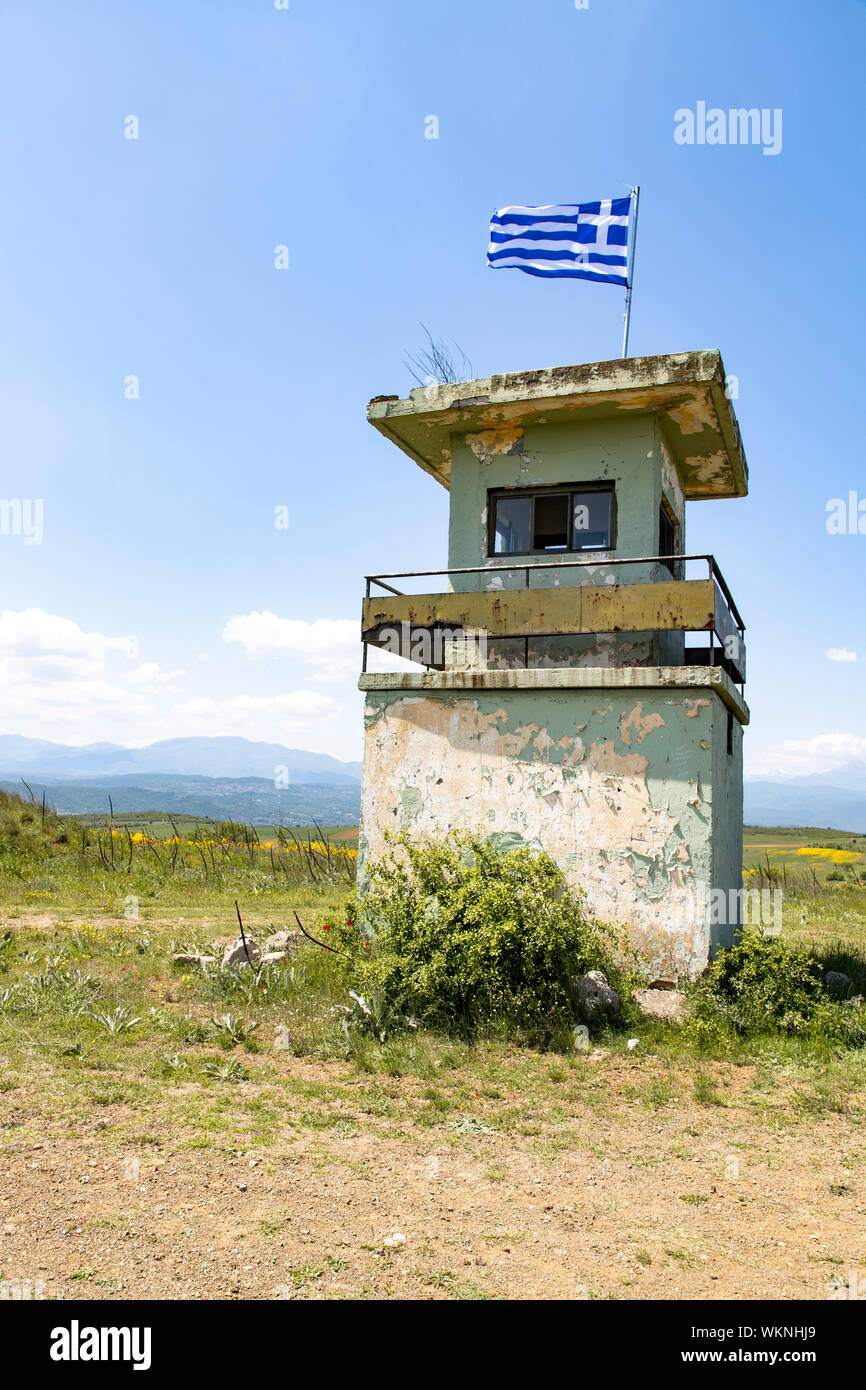 Greece, border to North Macedonia, section at boundary stone 52, watchtower Stock Photo Alamy