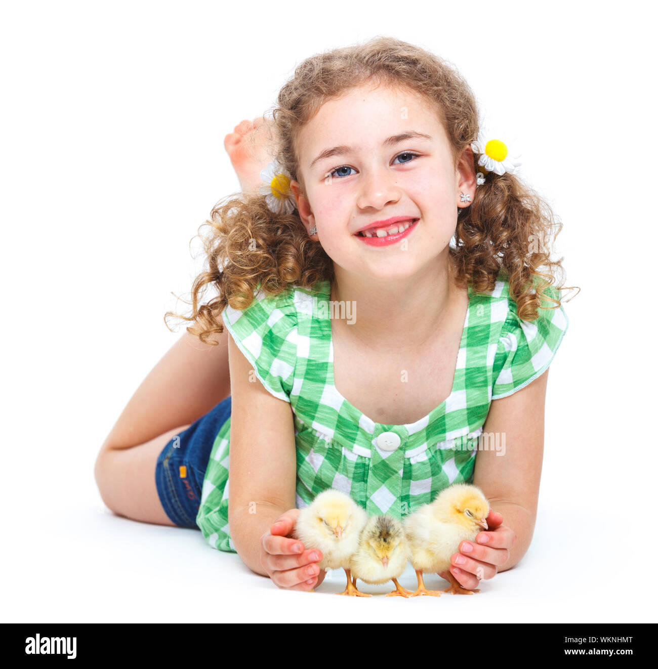 Happy little girl holding baby chickens - isolated white background Stock Photo