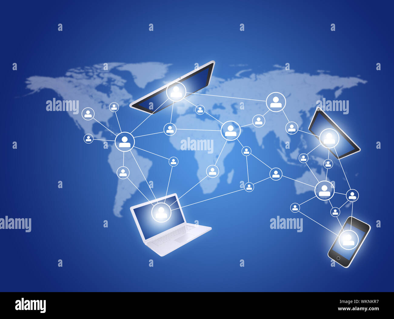 Modern communication technology illustration with social icons and devices on world map Stock