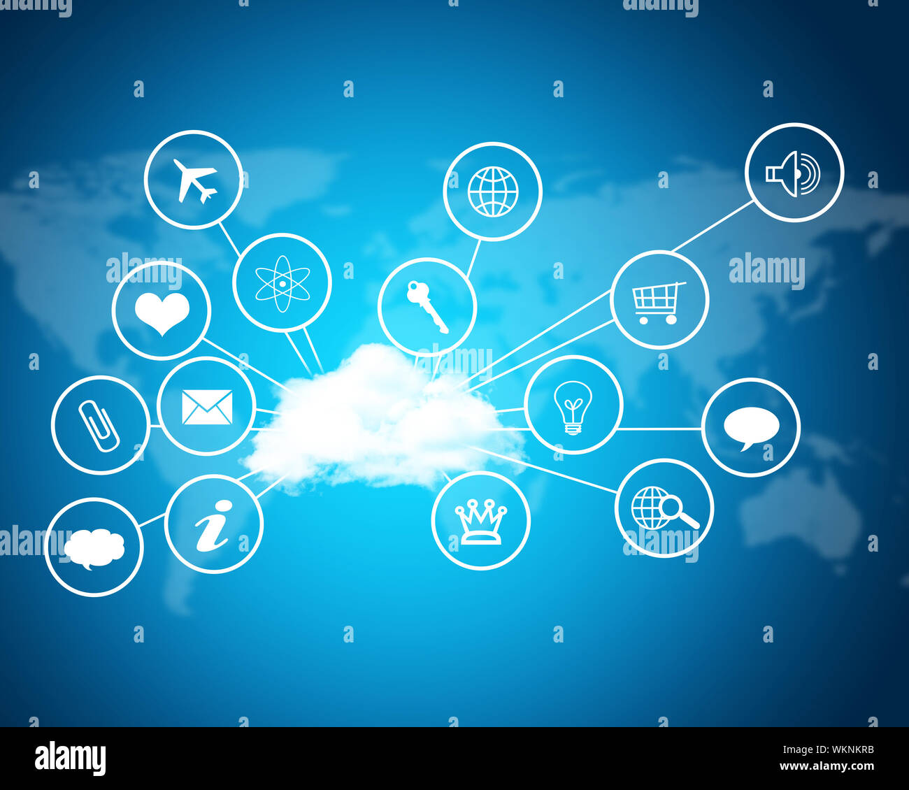 Cloud with computer icons. Technology concept. World map as backdrop ...