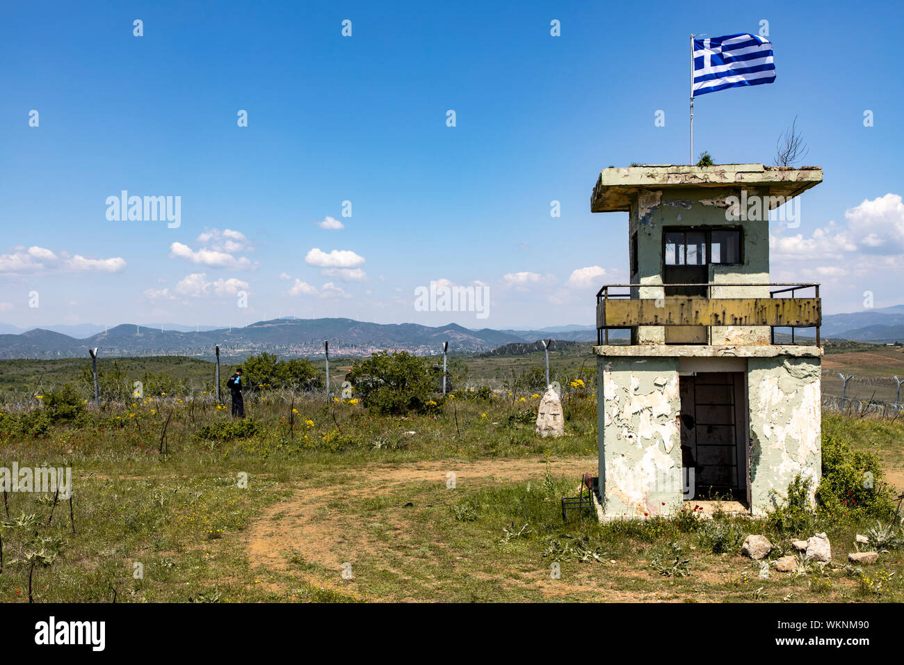 Greece, border to North Macedonia, section at boundary stone 52, watchtower Stock Photo Alamy
