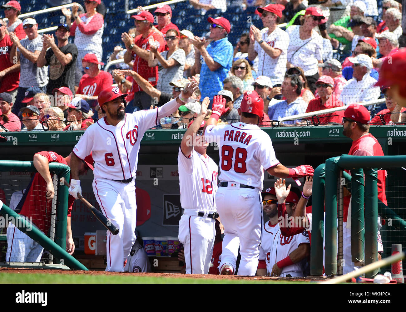 Washington Nationals Gerardo Parra (88) is congratulated in the dugout after scoring off of a Trea Turner single against the New York Mets in the second inning at National Park in Washington, DC on Wednesday, September 4, 2019. Photo by Kevin Dietsch/UPI Stock Photo