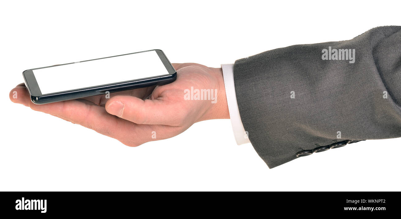 Hand holding smart phone with blank screen on white background Stock ...