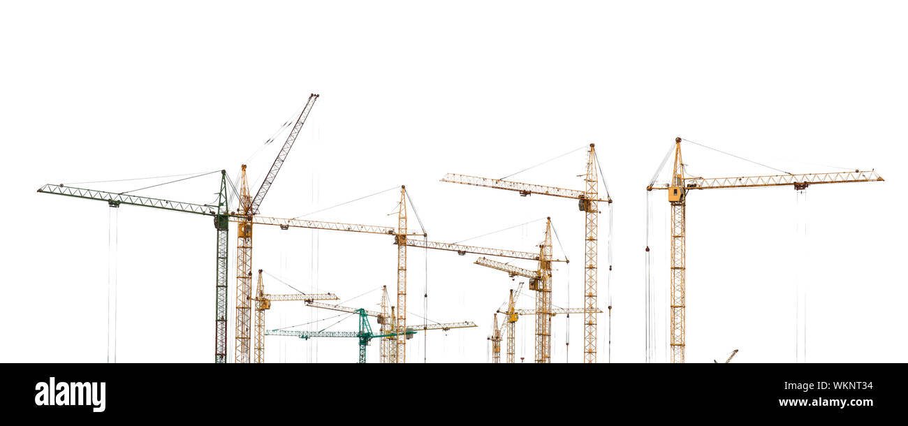 Yellow hoisting cranes isolate on white background Stock Photo - Alamy