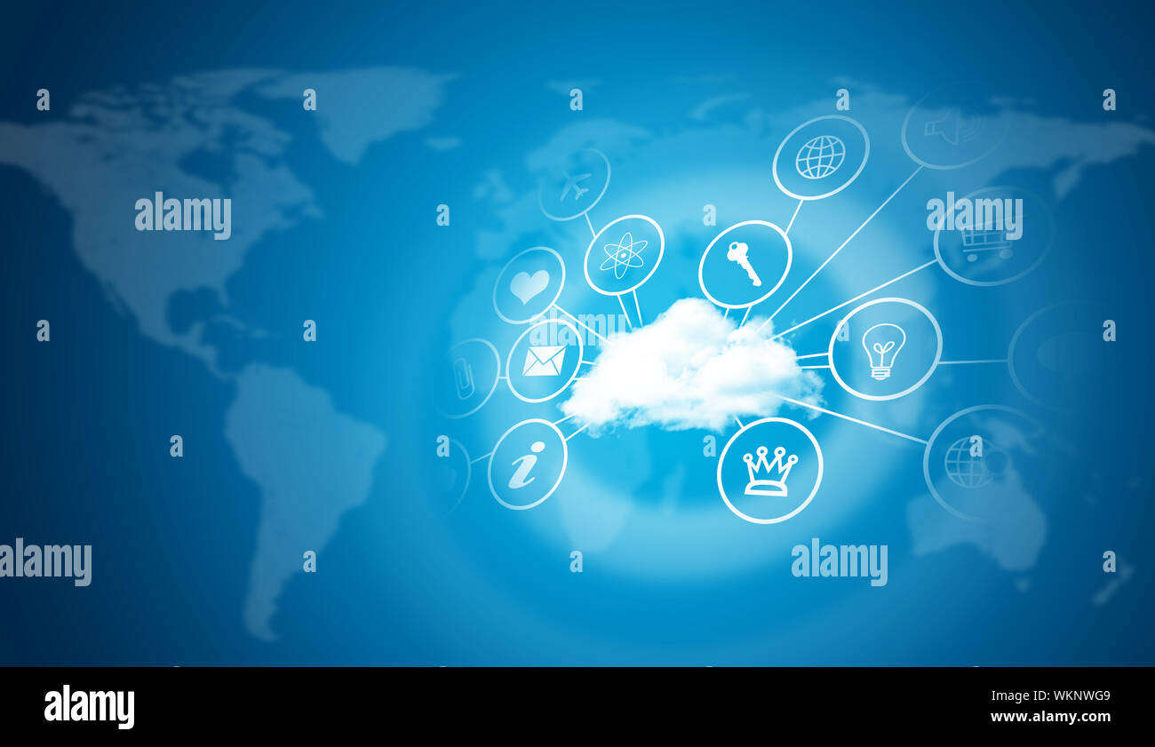 Cloud with computer icons. Technology concept. World map as backdrop ...