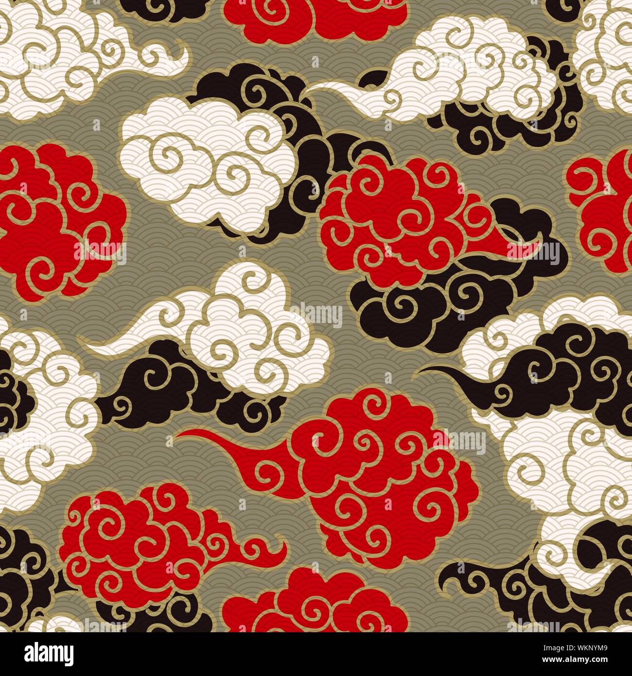Chinese clouds smoke vector seamless pattern. Japanese, oriental style textile ornament. Golden outline swirls, curls background. Red Asian traditional holidays postcard backdrop, black texture Stock Vector