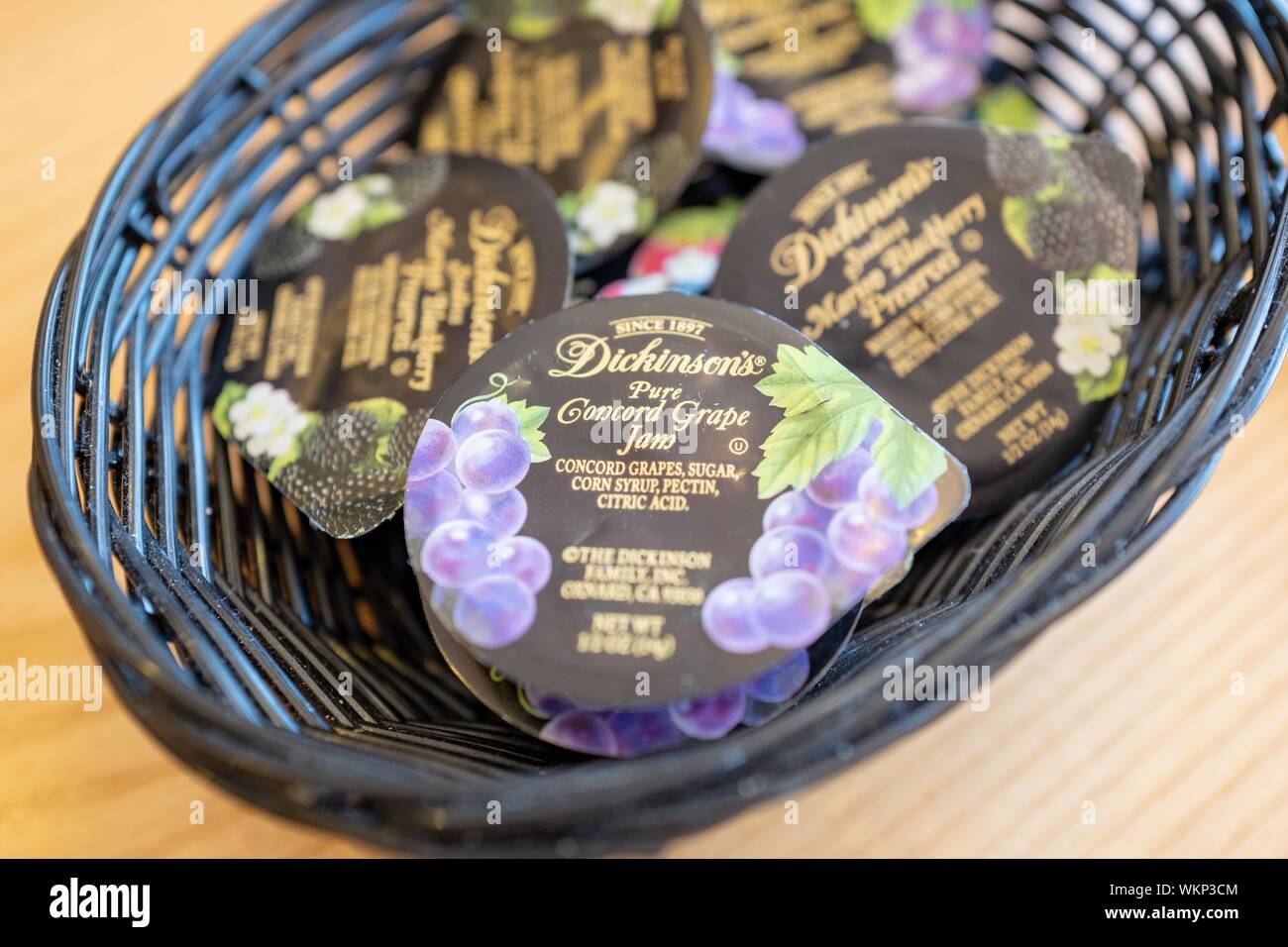 Close-up of bowl of Dickinson's jam single serve packets, September 2, 2019. () Stock Photo