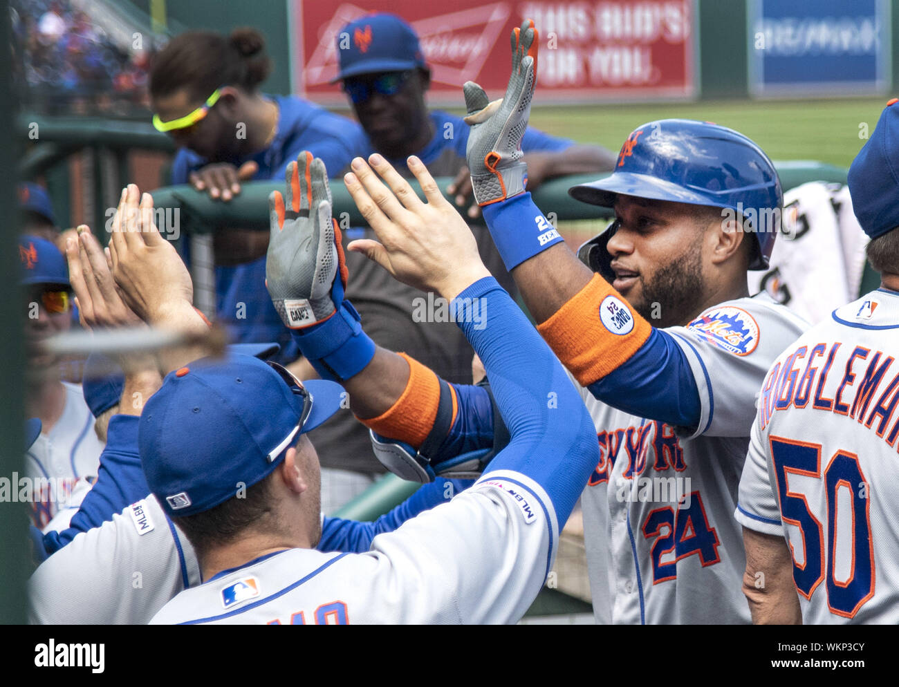 New York Mets Robinson Cano is congratulated by teammates after hitting a two-run home run against the Washington Nationals in the fourth inning at National Park in Washington, DC on Wednesday, September 4, 2019. Photo by Kevin Dietsch/UPI Stock Photo