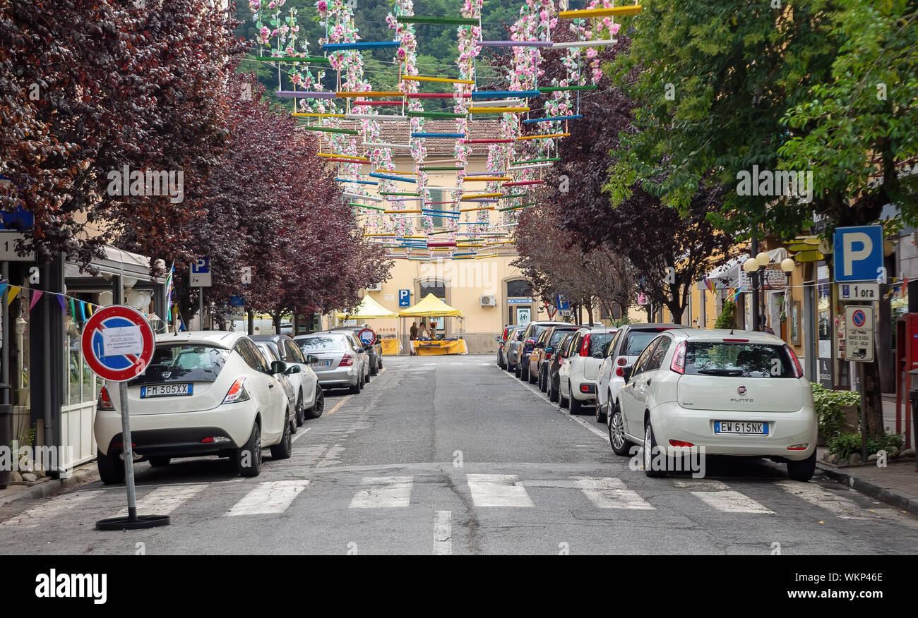 AULLA, MASSA CARRARA, ITALY - AUGUST 28, 2019: the former Aulla station is now the site for farmers' markets. Here, decorated for summer season 2019 Stock Photo