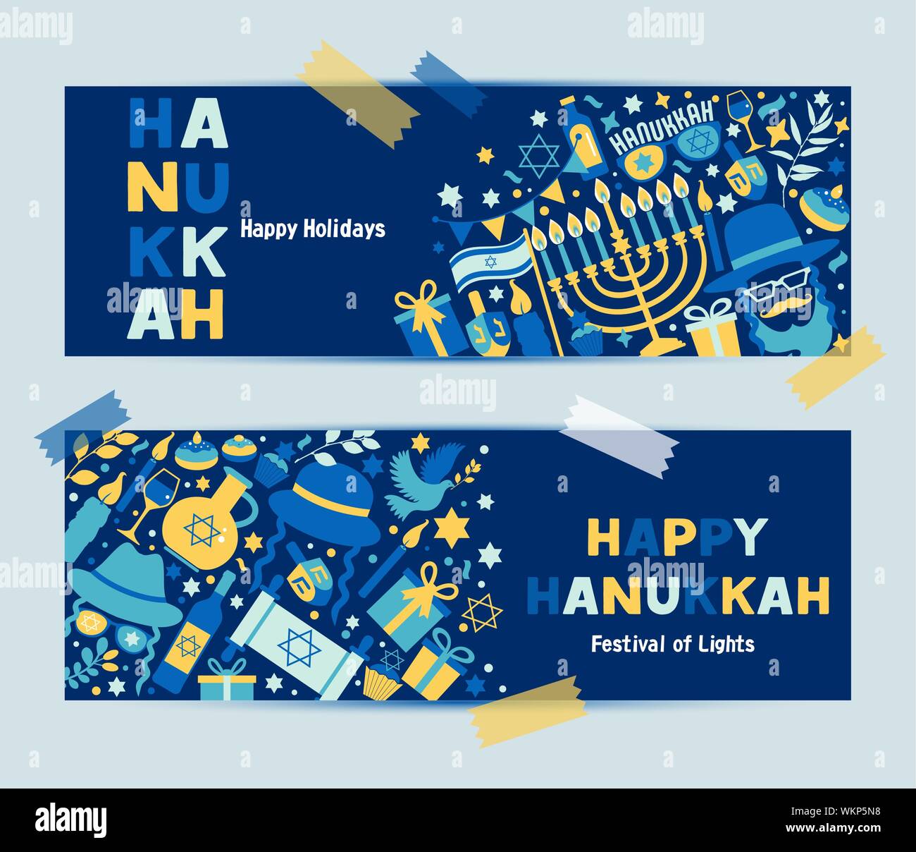 Jewish holiday Hanukkah greeting card traditional Chanukah symbols ...