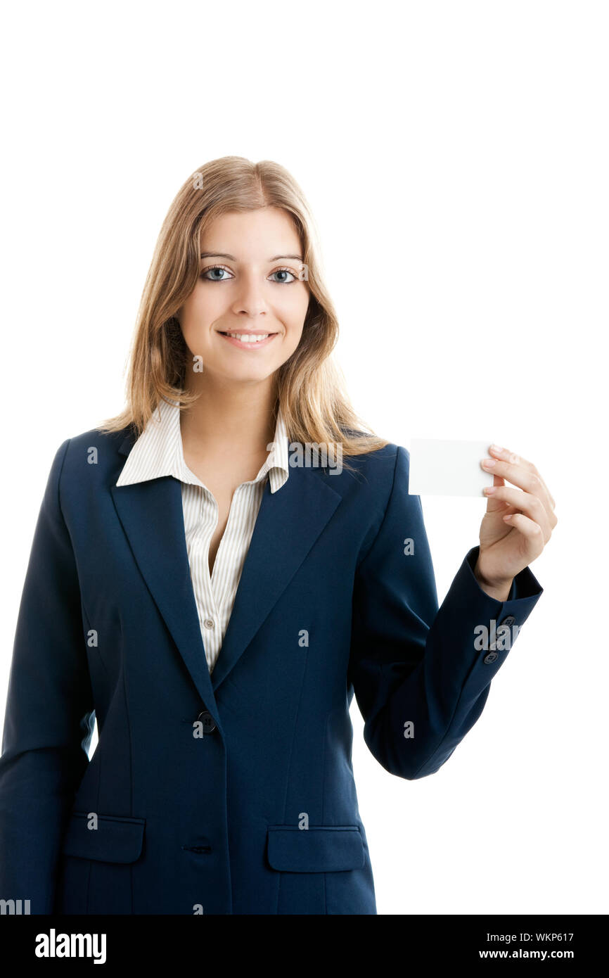 beautiful business woman holding a blank notecard Stock Photo