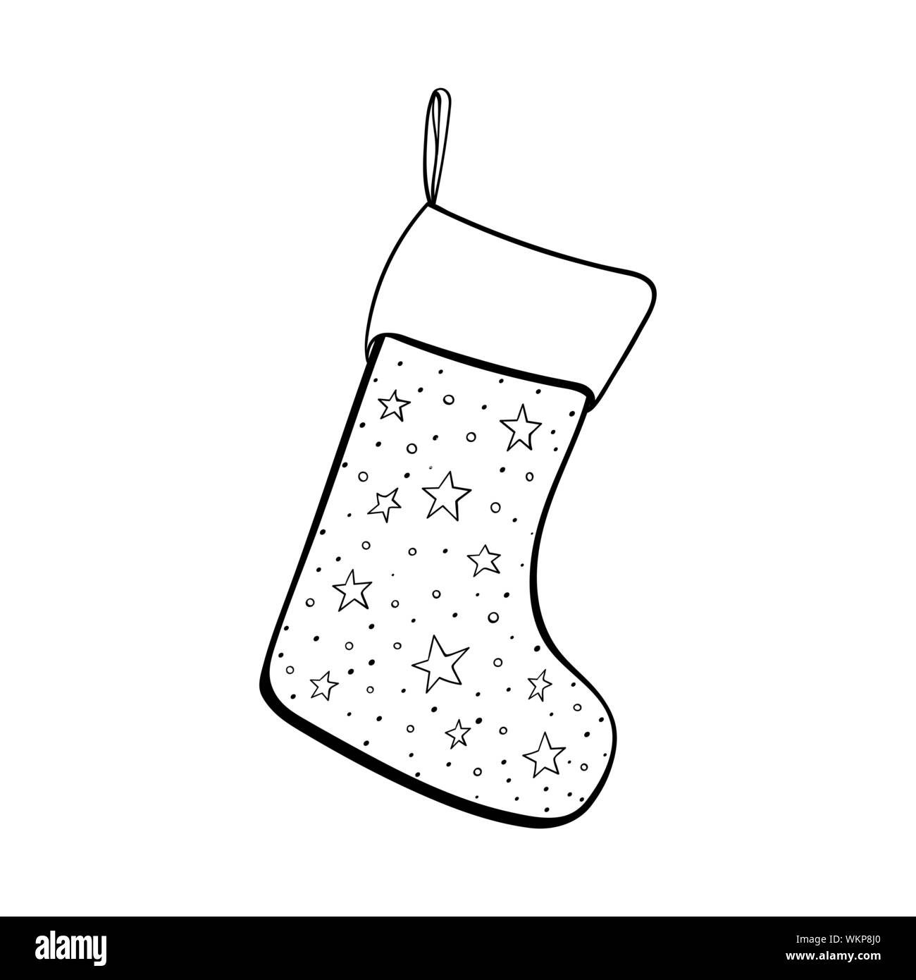 Christmas sock hand drawn vector illustration. Empty xmas stocking for presents. Warm footwear with stars pattern black and white drawing. Winter holiday tradition, new year celebration attribute Stock Vector