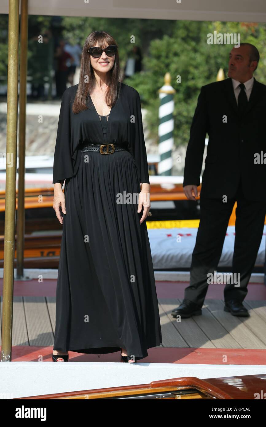 VENICE, ITALY - AUGUST 29: Actress Monica Bellucci is seen arriving at the Darsena for the 76th Venice Film Festival on August 29, 2019 in Venice, Ita Stock Photo
