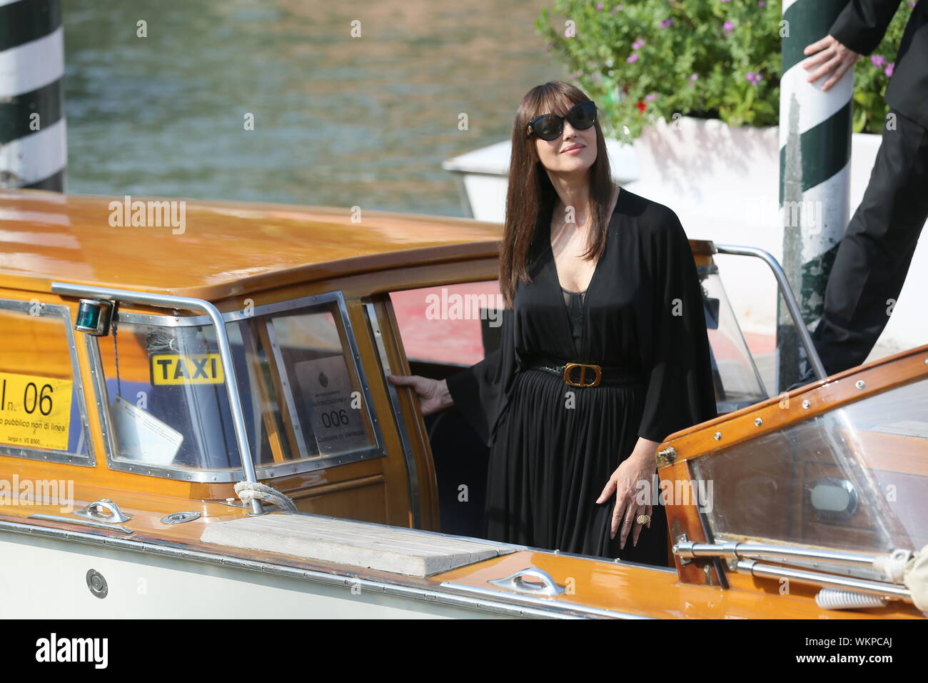 VENICE, ITALY - AUGUST 29: Actress Monica Bellucci is seen arriving at the Darsena for the 76th Venice Film Festival on August 29, 2019 in Venice, Ita Stock Photo