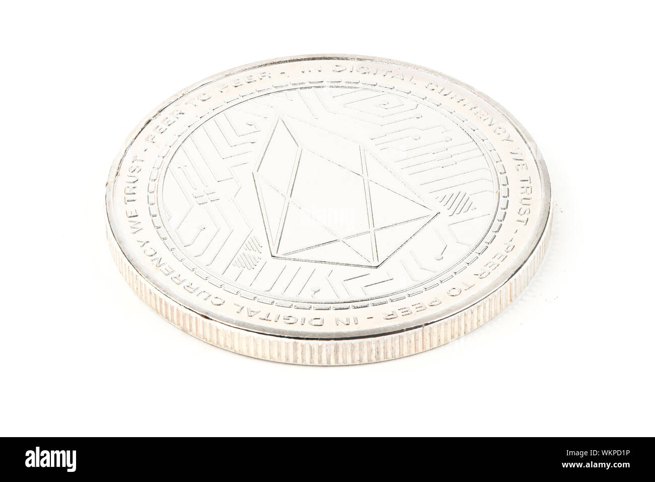 Face of the crypto currency, silver EOS isolated on white background. High resolution photo. Full depth of field. Stock Photo