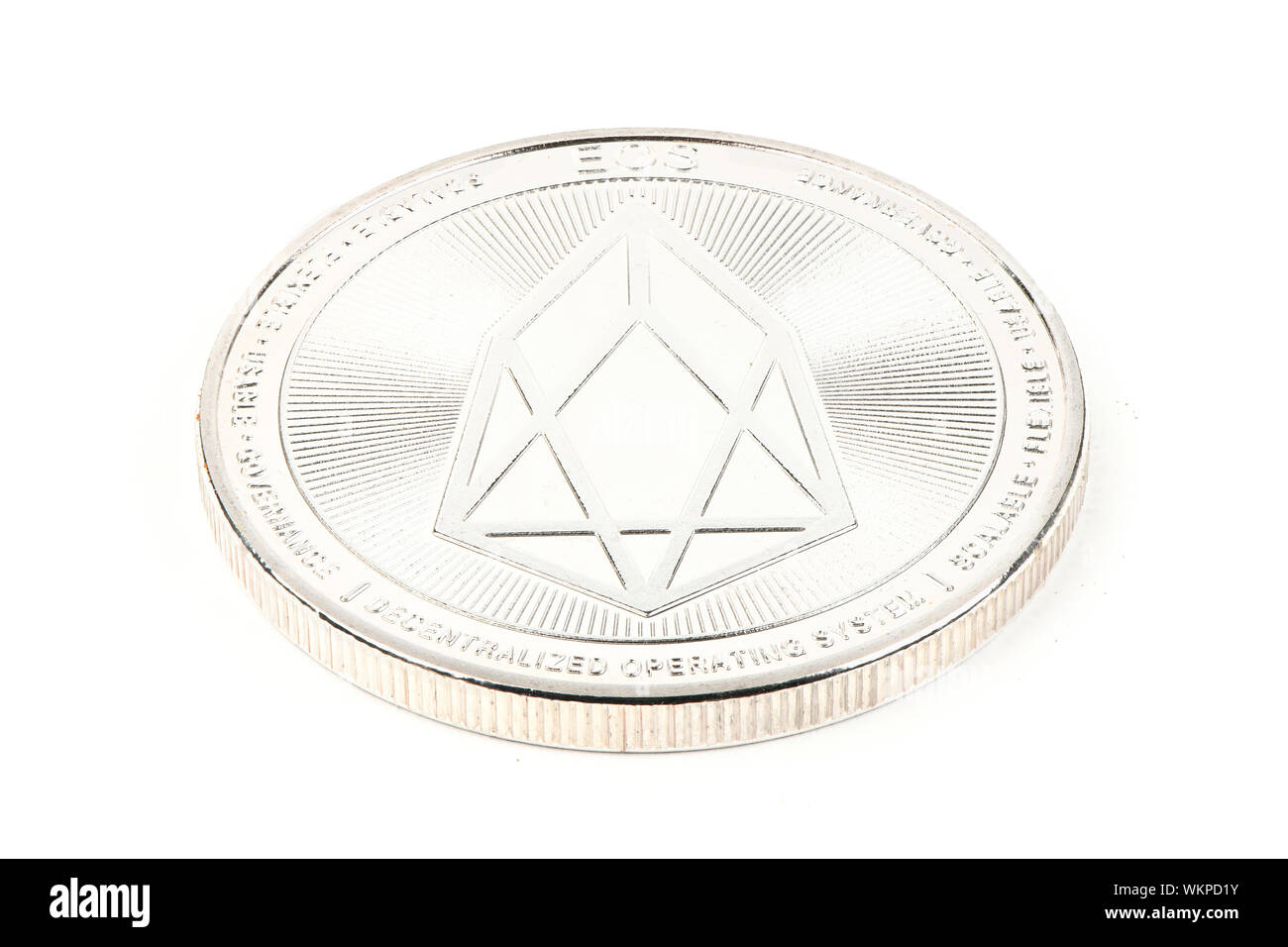 Face of the crypto currency, silver EOS isolated on white background. High resolution photo. Full depth of field. Stock Photo