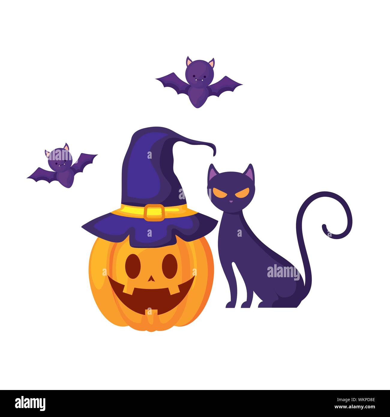 halloween pumpkin with cat and bats flying vector illustration design ...