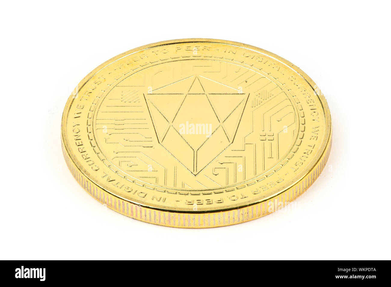 Face of the crypto currency golden EOS isolated on white background. High resolution photo. Full depth of field. Stock Photo