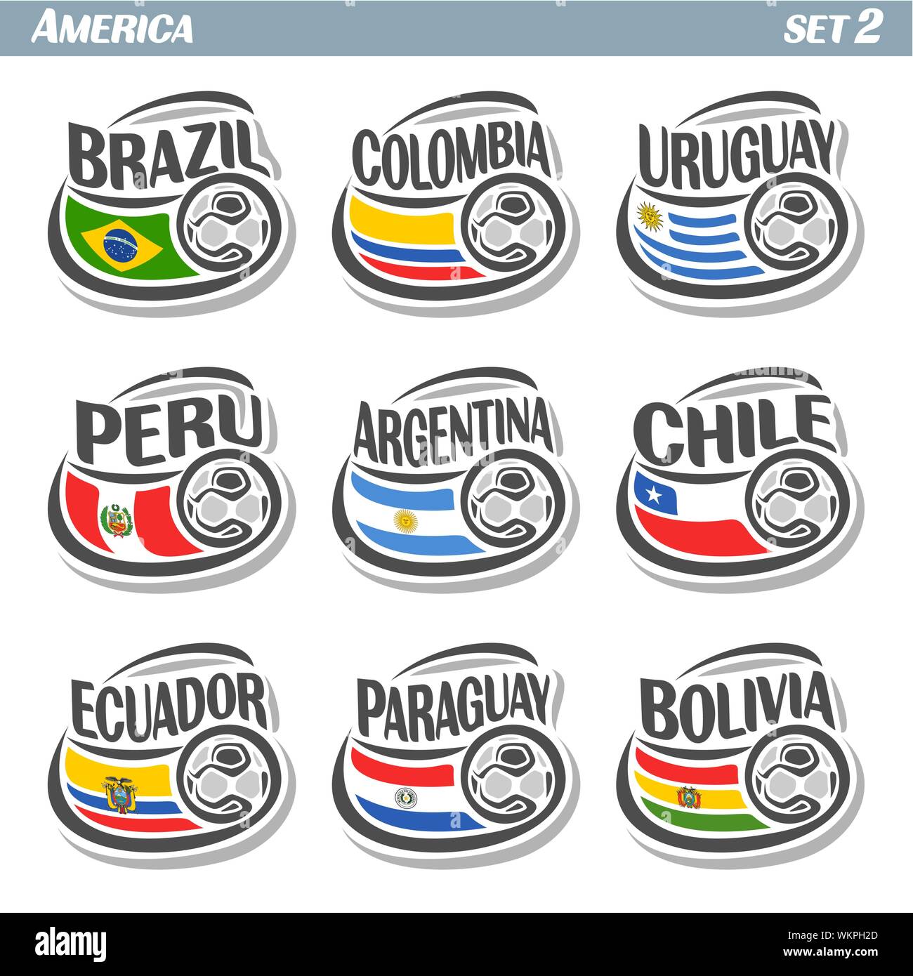 Vector set of icons with flags of American national teams with soccer ball on white. Stock Vector