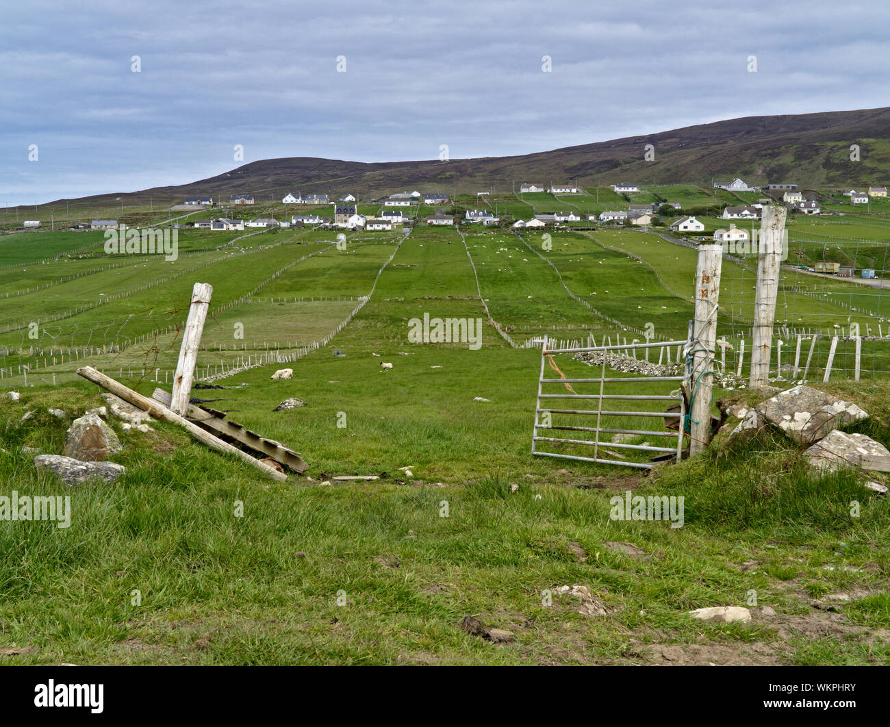 Green pasture with fence and open gate in the foreground and the village of Malinbeg in the background. Stock Photo