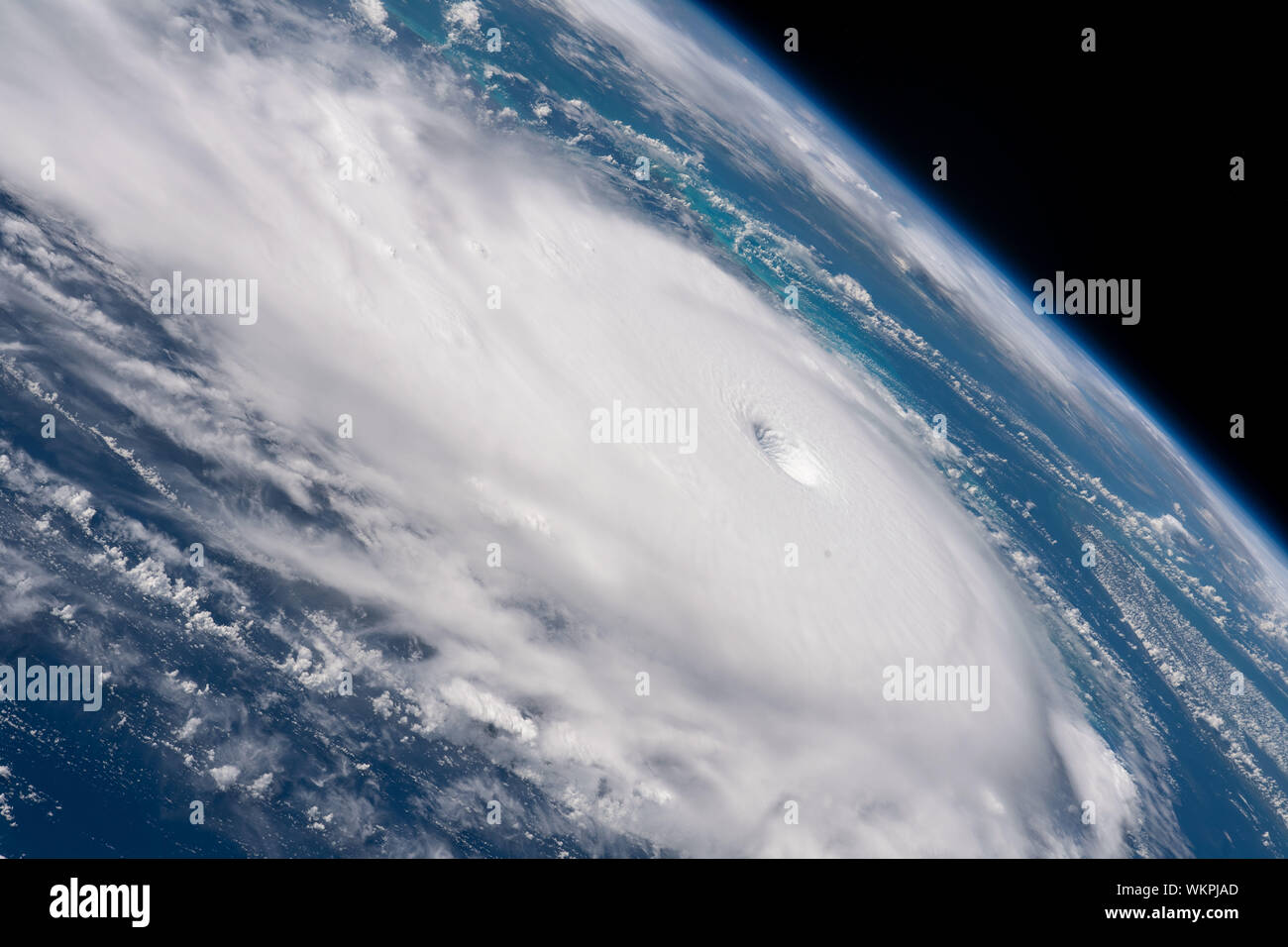 International Space Station. 01 September, 2019. Cyclonic clouds of Hurricane Dorian seen from the International Space Station as it moves toward the coast of Florida September 1, 2019 in the Atlantic Ocean. The current forecast calls for Dorian to strengthen over open water to a Category 4 with winds of 140 mph before making landfall in South Florida late Monday.  Credit: NASA/Planetpix/Alamy Live News Stock Photo