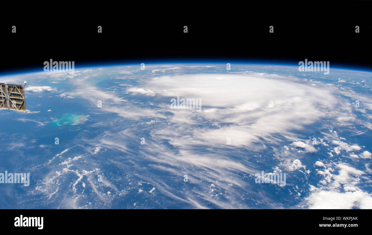 International Space Station. 31 August, 2019. Cyclonic clouds of Hurricane Dorian seen from the International Space Station as it toward the Bahamas August 31, 2019 in the Atlantic Ocean. The current forecast calls for Dorian to strengthen over open water to a Category 4 with winds of 140 mph before making landfall in South Florida late Monday.  Credit: NASA/Planetpix/Alamy Live News Stock Photo